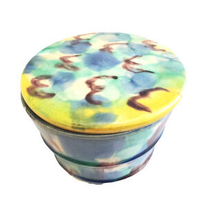 Antique 20s Multi Color Ceramic Pot & Lid Japanese Awaji Majolica Spinach Jar